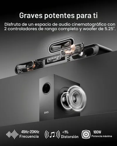 Vista 3 de OXS Barra de sonido S21 de 2.1 canales con subwoofer, sonido de precisión con graves profundos, potencia de 240 W, 3 modos de ecualización