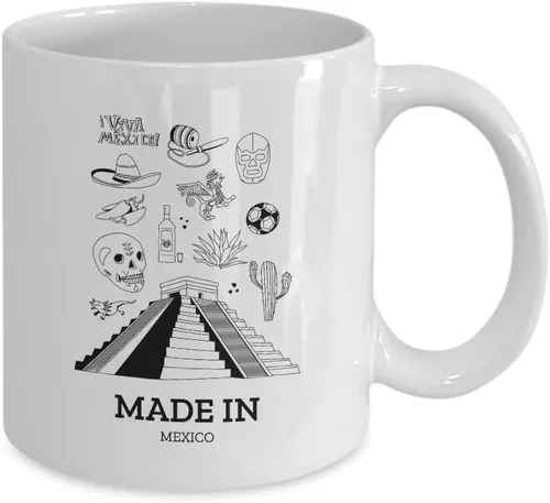 Vista 2 de EzGift Taza hecha en México, regalo linda para el orgullo mexicano, bandera patriótica de país, orgullosa, divertida, pirámide maya, taza de café