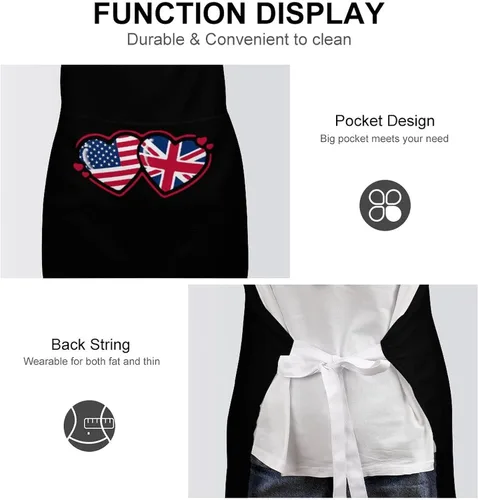 Vista 6 de Delantales de corazón con bandera estadounidense y británica para hombres/mujeres, delantales impermeables para adultos, delantales para el hogar