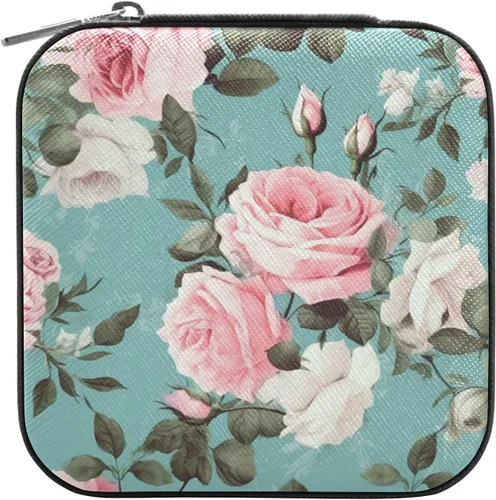 Vista 2 de Flradish Pink White Roses Travel Jewelry Case PU Leather Mini Jewelry Travel Case Portable Travel Jewellery Ring Organizer for Womens Rings Earrings