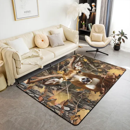 Vista 10 de Erosebridal Alfombra rústica de ciervo para niños y niñas, alfombra vintage con cuernos de alce de 3 x 5, alfombra de paisaje de árboles en acuarela