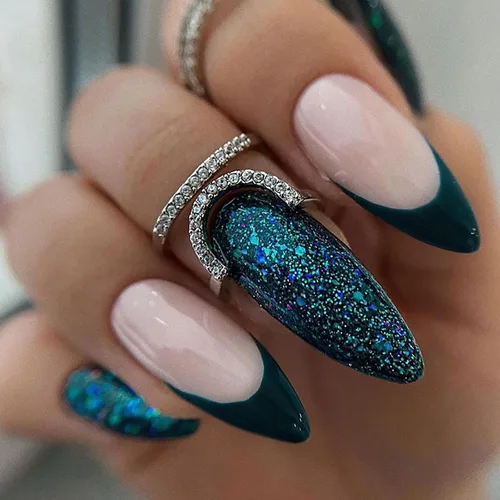 Vista 9 de Uñas postizas a presión medianas con punta francesa de almendra SWEKKE color rosa, cobertura completa, uñas postizas con pegamento rosa y purpurina