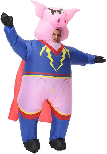 Vista 2 de JASHKE Disfraz inflable de cerdo, disfraz de cerdo de superhéroe, disfraces de Halloween para adultos