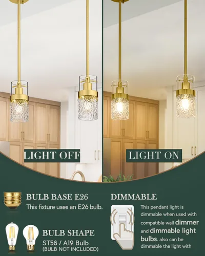 Vista 7 de LMS Lámpara colgante dorada, 1 luz colgante para isla de cocina con vidrio martillado, LMS-171