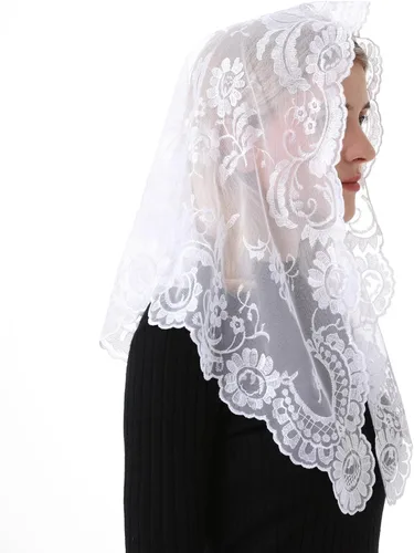 Vista 4 de Cabeza de encaje triangular Mantilla que cubre velos de iglesia católica, length 47.3" across by 23.6" front to back
