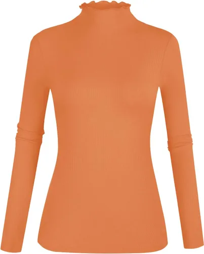 Vista 9 de POPZONE - Camiseta de manga larga con cuello alto falso, ajustada, de punto acanalado con ribete de lechuga para mujer
