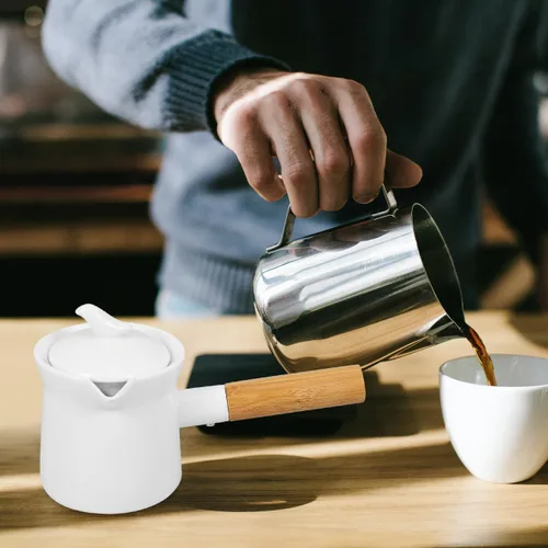 Vista 7 de Cabilock Crema de café de 11.8 fl oz de color blanco mini cafetera de cerámica con diseño de mango de madera para el hogar y la oficina