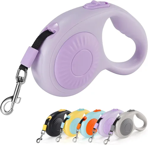 Vista 8 de JSXD Correa retráctil para perro de 360° sin enredos con freno con una sola mano, pausa, bloqueo, cinta de nailon resistente de 10 pies para Negro