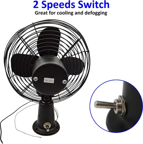 Vista 5 de Ventilador de metal resistente de 12 V, aspas de ventilador de 8 pulgadas con acabado negro e interruptor de 2 velocidades, ventilador eléctrico