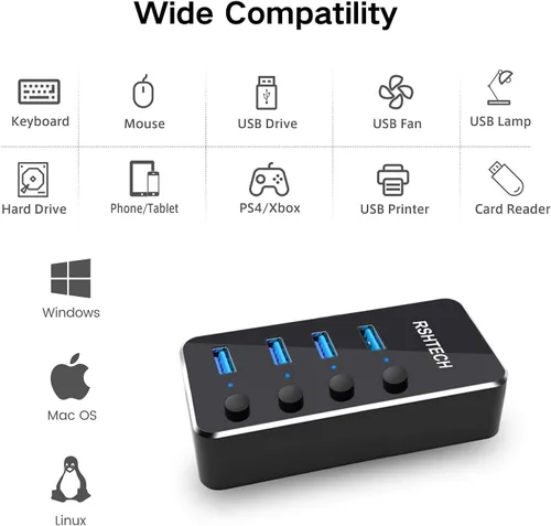 Vista 4 de Concentrador USB alimentado RSHTECH de 4 puertos USB C a USB 3.0, expansor de concentrador de aluminio portátil USB 3.0 con adaptador de CA de 5 V e