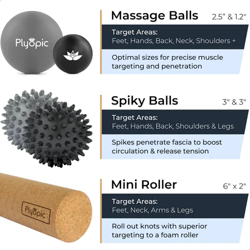 Vista 5 de Juego de bolas de masaje – Kit completo de 5 piezas: Spiky, Lacrosse y mini bolas de precisión + rodillo – Fascitis plantar, arco del pie y alivio