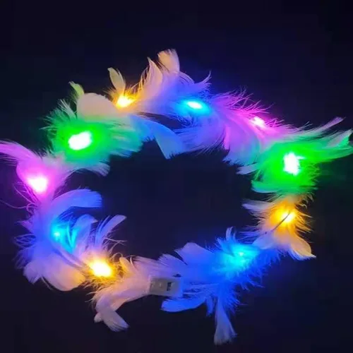 Vista 4 de Diadema con corona de plumas LED, diadema con halo de ángel, para niñas, mujeres, conciertos, fiestas, Halloween, Navidad