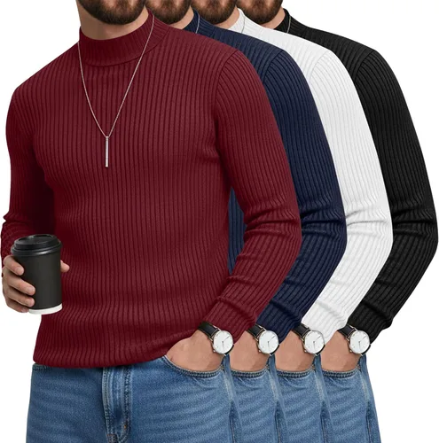 Vista 12 de Paquete de 4 Camisetas de Cuello Alto Simulado para Hombre de Algodón de Punto Acanalado de Manga Larga Pullover Ajustado Casual Suéteres Básicas