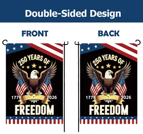 Vista 4 de [Juego de 2] Bandera de Estados Unidos de 250 aniversario, 2 unidades, bandera de jardín estadounidense, diseño de águila patriótica de doble cara