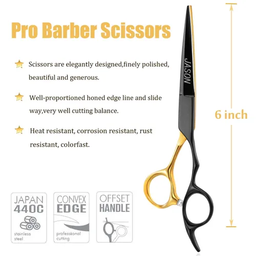 Vista 5 de JASON Juego de tijeras para el cabello de 6 pulgadas, tijeras de peluquería de oro negro + tijeras de textura plateada para mujeres y hombres