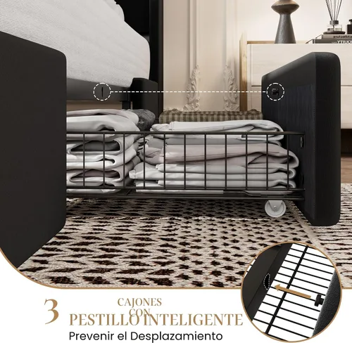 Vista 6 de SHA CERLIN Base de cama tamaño matrimonial con 3 cajones, puertos de carga USB y tipo C, cama plataforma tapizada en terciopelo con cabecera
