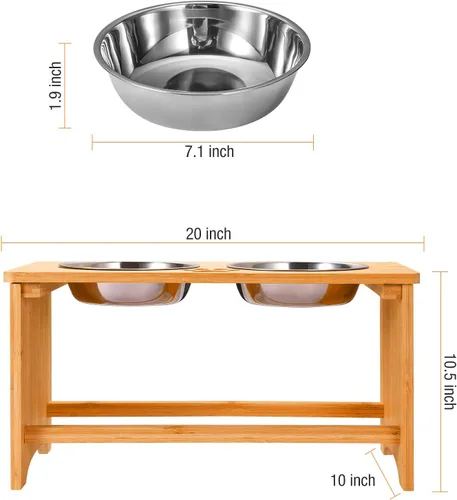 Vista 5 de Soporte elevado de bambú para perros, comedero elevado antideslizante para perros con 2 cuencos de acero inoxidable para alimentos y agua, 10