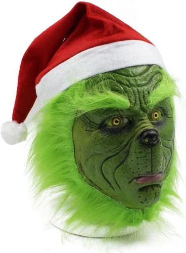 Vista 2 de Máscara de disfraz verde de Navidad, máscara de Halloween, máscara de monstruo de cosplay, máscara de látex de cabeza completa, accesorios