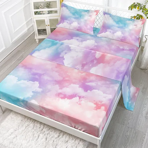 Vista 25 de Juego de sábanas de 4 piezas ajustadas y planas para niñas, estampado de mariposas y flores rosas con 1 + 2 fundas de almohada para cama individual