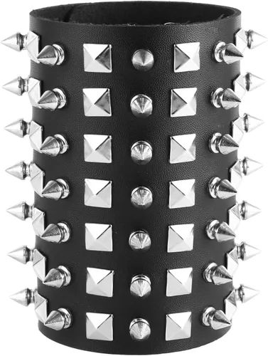 Vista 2 de HZMAN Pulsera de cuero con correa ancha unisex con tachuelas de metal negro