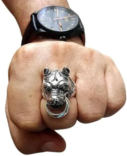 Vista 5 de Bikerringshop Anillo de cabeza de perro Pitbull de plata de ley
