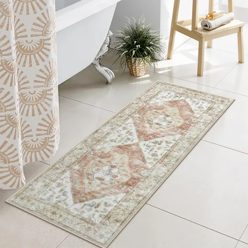 Vista 12 de Uphome Alfombra de Baño Azul Boho Desgastada Alfombra de Baño Oriental Suave de Pelo Largo Antideslizante Alfombra de Baño Lavable a Máquina Vintage