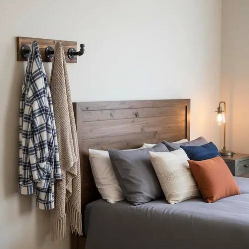 Vista 4 de MyGift Perchero de pared de madera quemada y perchero para sombreros con diseño de accesorio de tubería de 3 ganchos