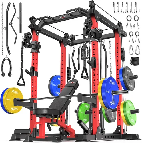 Vista 16 de Power Cage - Rack de Potencia Multifunción con Sistema de Cruce de Cables, Rack para Sentadillas de Capacidad de 1800 LBS con Banco de Pesas