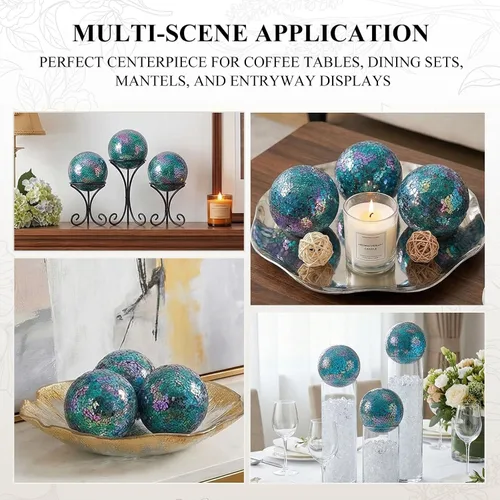 Vista 6 de DomeStar Juego de 3 bolas decorativas de 4 pulgadas de turquesa para cuencos, bolas de vidrio para centros de mesa, esfera de mosaico para Multicolor