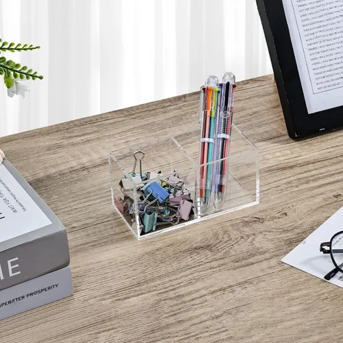 Vista 6 de Organizador de brochas de maquillaje de acrílico transparente para escritorio, cubo cuadrado, 3 piezas, soporte de almacenamiento para brochas