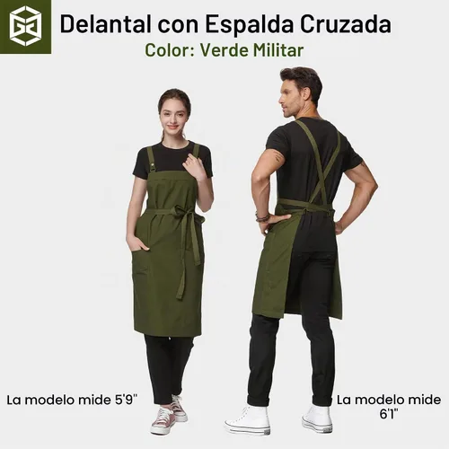 Vista 4 de Delantal con espalda cruzada Parrilla Cocina Jardinería con bolsillos 4251JC Verde militar