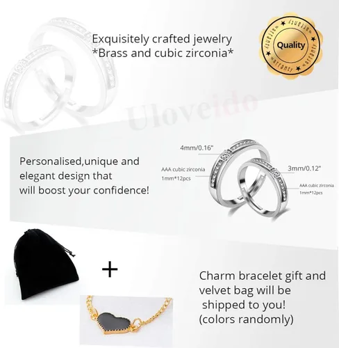 Vista 7 de Uloveido - Juego de 2 anillos de compromiso ajustables para él y ella con diseño de corazón a juego, regalo de boda para parejas LB018