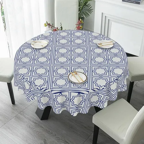 Vista 4 de Exquisite Round Tablecloth Blue Gingham Table Cloth Decor Washable Table Cover with Wrinkle Resistant for Home Kitchen Dining Room Picnic Camping