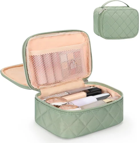 Vista 10 de Relavel Bolsa de maquillaje pequeña para mujer y niña, bolsa de maquillaje y brochas portátil de 2 capas, organizador de brochas de regalo de Navidad
