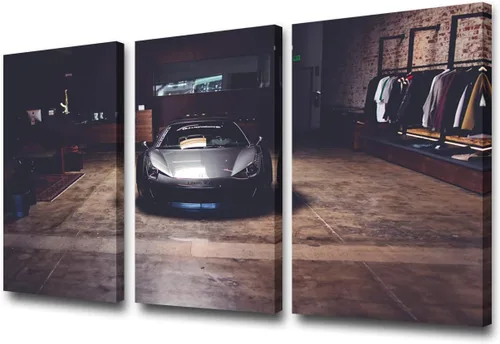 Vista 18 de Arte de pared de auto deportivo rojo para sala de estar, arte de pared de lienzo de súper auto genial, imágenes pósters, 3 piezas, arte moderno