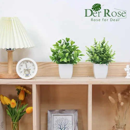 Vista 3 de Der Rose Paquete de 2 plantas falsas y 2 paquetes de plantas falsas, pequeñas plantas artificiales en maceta para habitación, hogar, oficina, casa