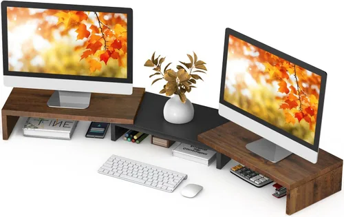 Vista 10 de TAVR - Soporte para monitor doble, organizador de escritorio de oficina para 2 monitores, longitud y ángulo ajustables, 3 estantes, soporte