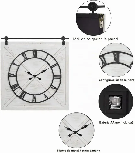 Vista 4 de FLORA Reloj de pared grande de granja, reloj de pared rústico con puerta