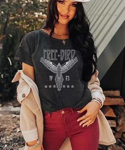 Vista 2 de Camiseta vintage de banda de rock para mujer, camisa retro de pájaro, camisetas gráficas de águila, camisa de música retro, camisetas casuales