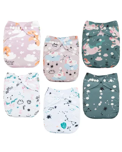 Vista 24 de ALVABABY Pañales de tela para bebé, talla única, ajustable, lavable, reutilizable para bebés y niños, paquete de 6 con 12 inserciones 6BM101