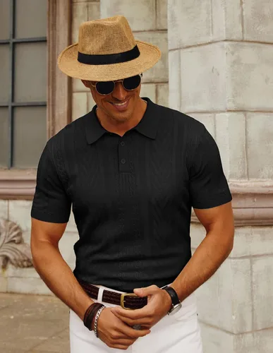 Vista 4 de PJ PAUL JONES Polo de punto para hombre, camisa de manga corta con textura de punto, camisetas de golf para hombre