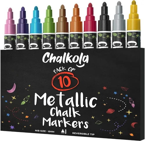 Vista 9 de Chalkola Marcadores de Tiza Metálicos de Punta Extra Fina (Paquete de 10, Punta de 1mm) - Rotuladores de Tiza Líquida para Pizarra, Pizarra Negra