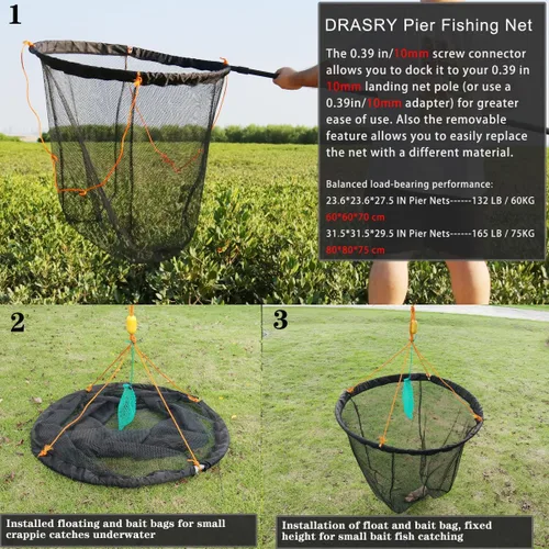 Vista 3 de Drasry Foldable Bridge and Pier Fishing Net Landing Net High Load-Bearing Aluminum Ring Drop Net for Saltwater Freshwater Pier Fishing Baskets Net