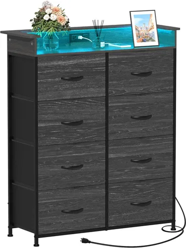 Vista 7 de Cómoda de tela para dormitorio con luz LED y estación de carga, cómoda alta con 8 cajones, cómoda negra y cómoda para armario, sala de estar