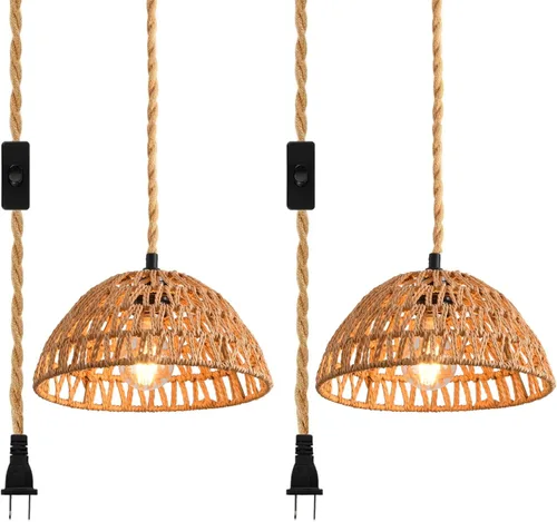 Vista 12 de 1 paquete de lámparas de granja para montaje en techo, mini lámpara de techo de ratán bohemio semiempotrada, accesorios de luz de pasillo tejidos a