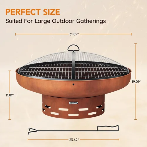 Vista 4 de Panovue Fogata de 32 pulgadas con 2 parrillas de cocina, pantalla de Pantalla de parque rústico + parrilla