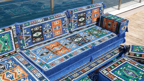 Vista 5 de Blue Arabic Floor Sofa, L Shape Corner Seating Set, Bench Cushions, Sectional Sofa, Pallet Sofas, Floor Cushions, Floor Couch, Oriental Sofa, Sofa