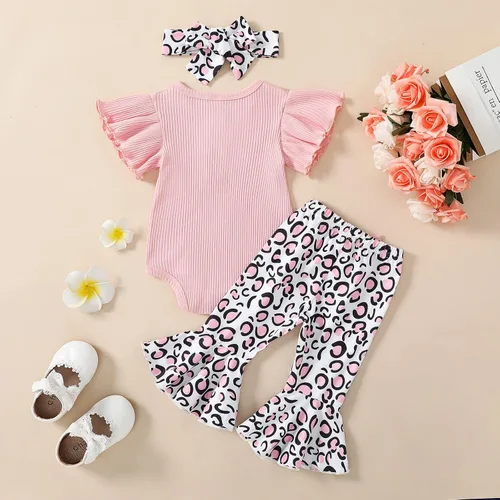 Vista 2 de Ropa de bebé recién nacida con volantes acanalados, sin mangas, parte superior + leopardorayasgirasoles pantalones acampanados, trajes de verano
