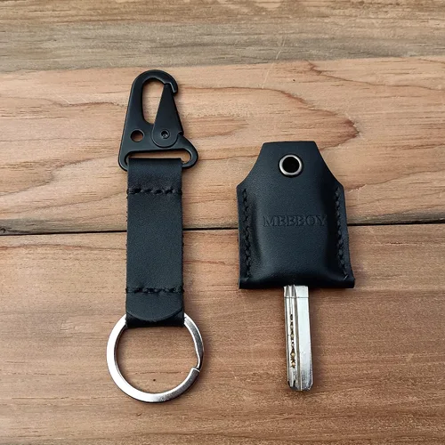 Vista 7 de handmade Keychain leather Protective Key Case Cover key fob protector Key Holder Small Home Storage Bag Key Ring Pouch (Small-black)
