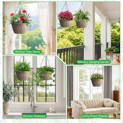 Vista 6 de FGstyle Paquete de 6 macetas colgantes de 8 pulgadas, macetas de riego automático para plantas de interior, cesta colgante de plástico con elevador
